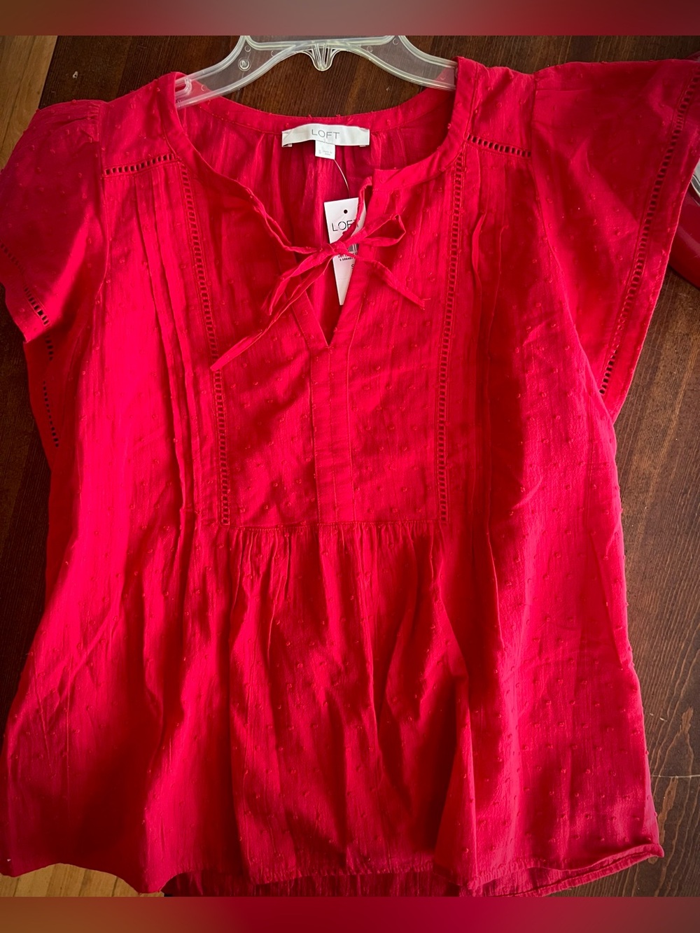 NWT LOFT Bright Red Tie-Neck Swiss Dot Peasant Blouse S ladder trim cutout